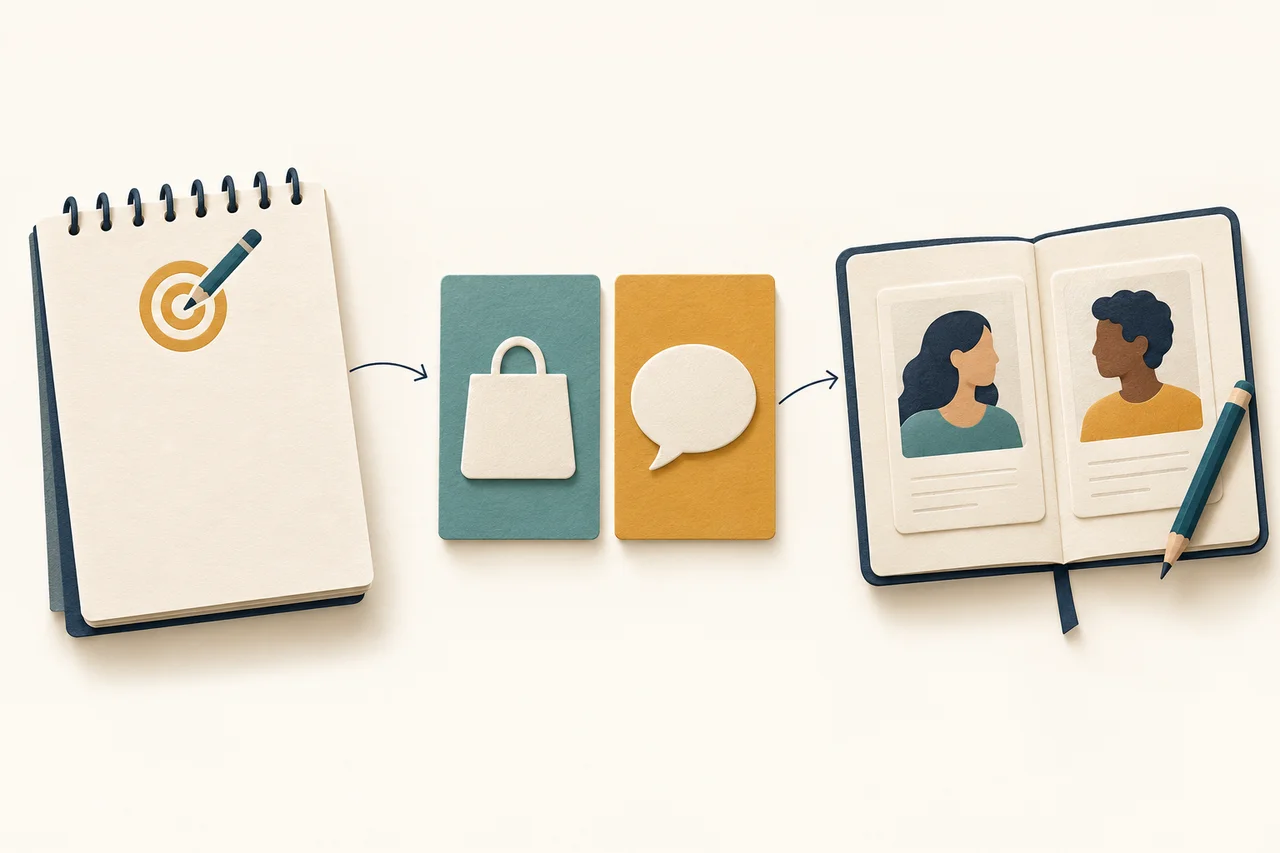 A notepad with a target leads to shopping-bag and speech-bubble cards, then to an open interview notebook containing two different portrait cards and blank note lines.