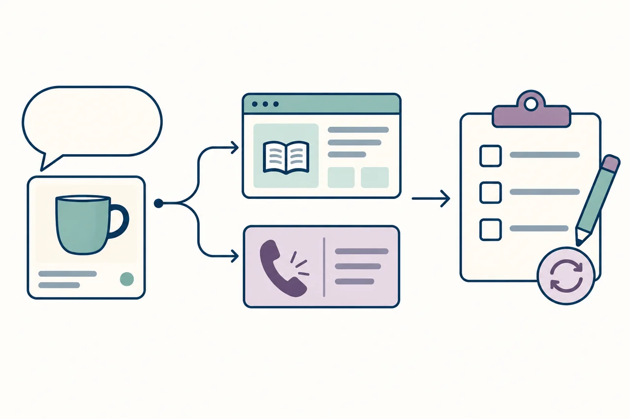 A question about a cup branches to a website help page or telephone contact, followed by a review checklist and a recheck symbol.