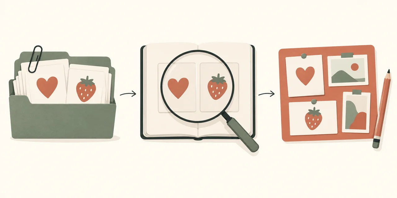 Conceptual generated infographic showing a folder of product cards, a magnifying glass over an open book and paired cards, and a creative board with a pencil.