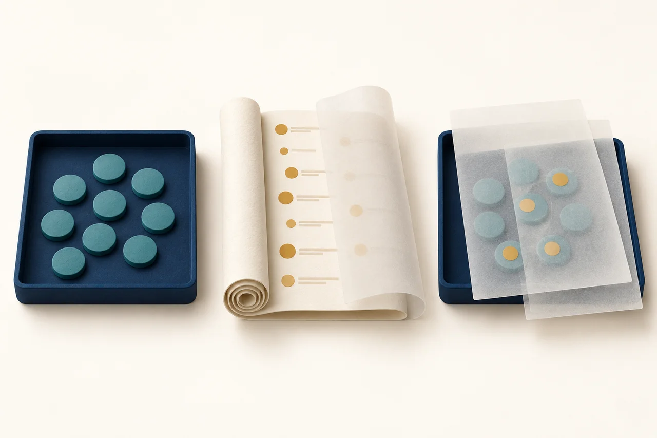 Eine dunkelblaue Schale mit blaugrünen Plättchen steht neben einem ausgerollten Papierarchiv. Eine zweite Ansicht der Schale ist mit durchscheinenden Blättern bedeckt; auf einigen Plättchen liegen ockerfarbene Markierungen.