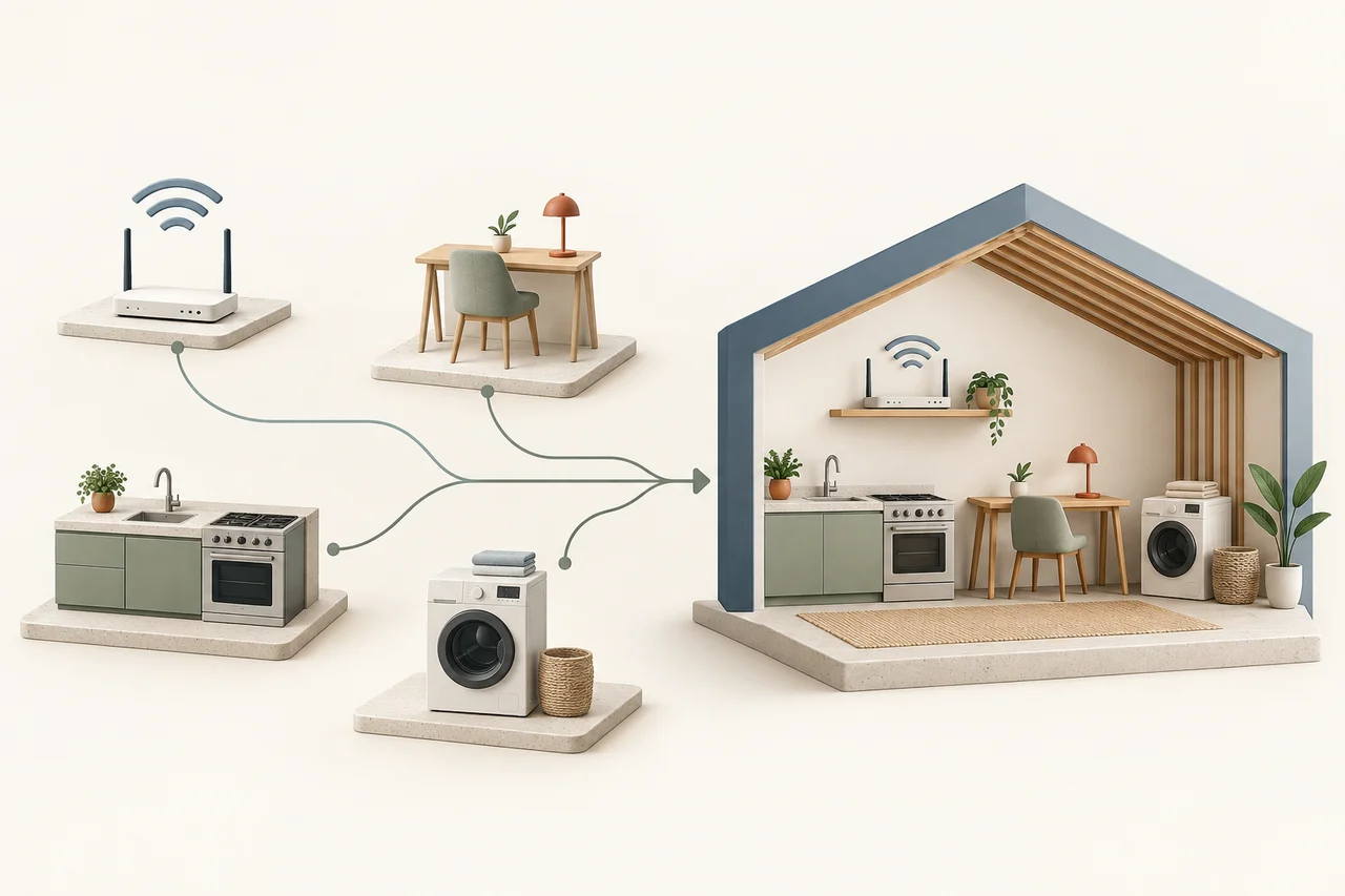 Un routeur, un bureau avec sa chaise, une cuisine et un lave-linge sur des plateformes séparées sont reliés à un logement qui réunit les quatre équipements.