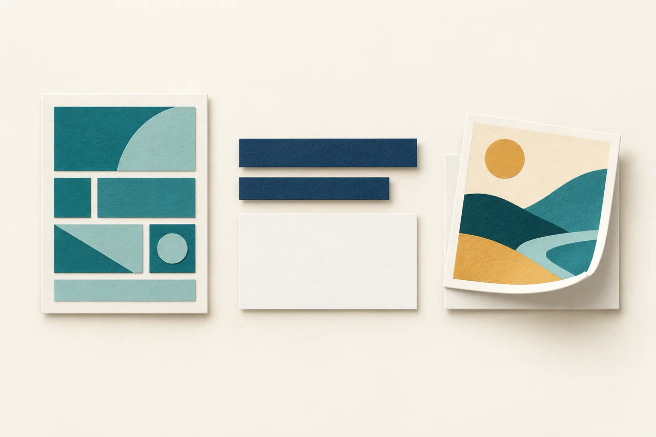 Trois compositions de papier sans mots : une mosaïque de page bleu-vert, deux bandes de texte bleu marine au-dessus d’une carte vierge, et une image ocre et bleu-vert soulevée sur une feuille crème.