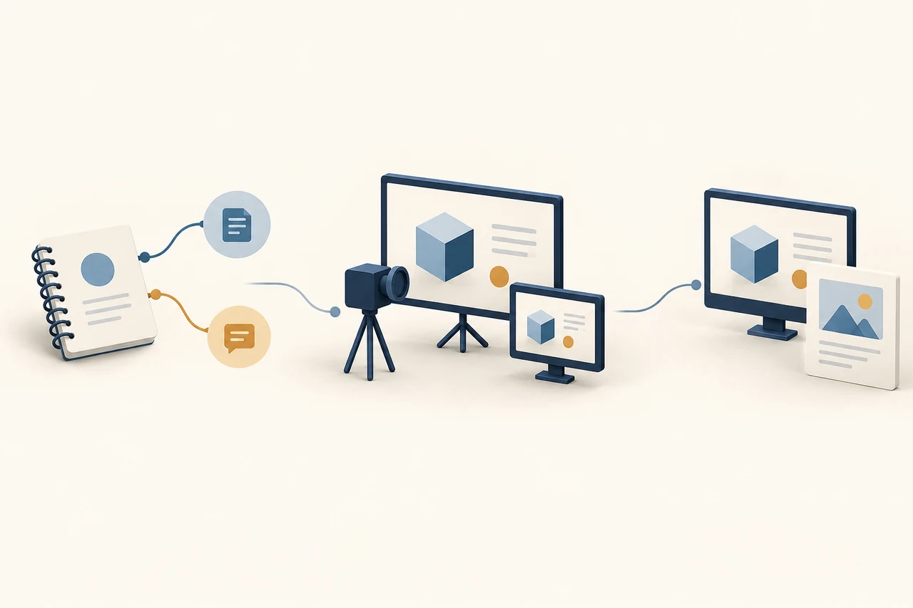Three illustrated scenes: a notebook with two separate paths, a camera and presentation beside an observer display, and a presentation with a companion document.