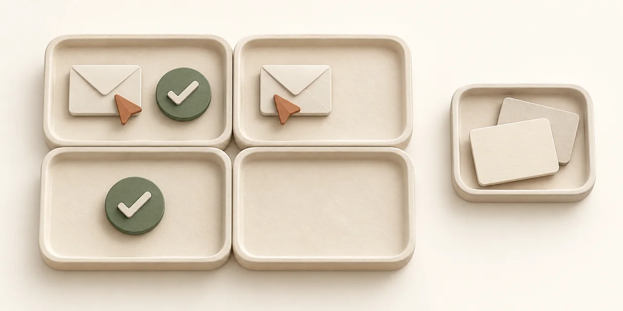 Four equal trays show both an envelope-and-pointer and a checked outcome token, the envelope alone, the outcome token alone, and an empty tray. A separate smaller tray contains two unmatched record cards.