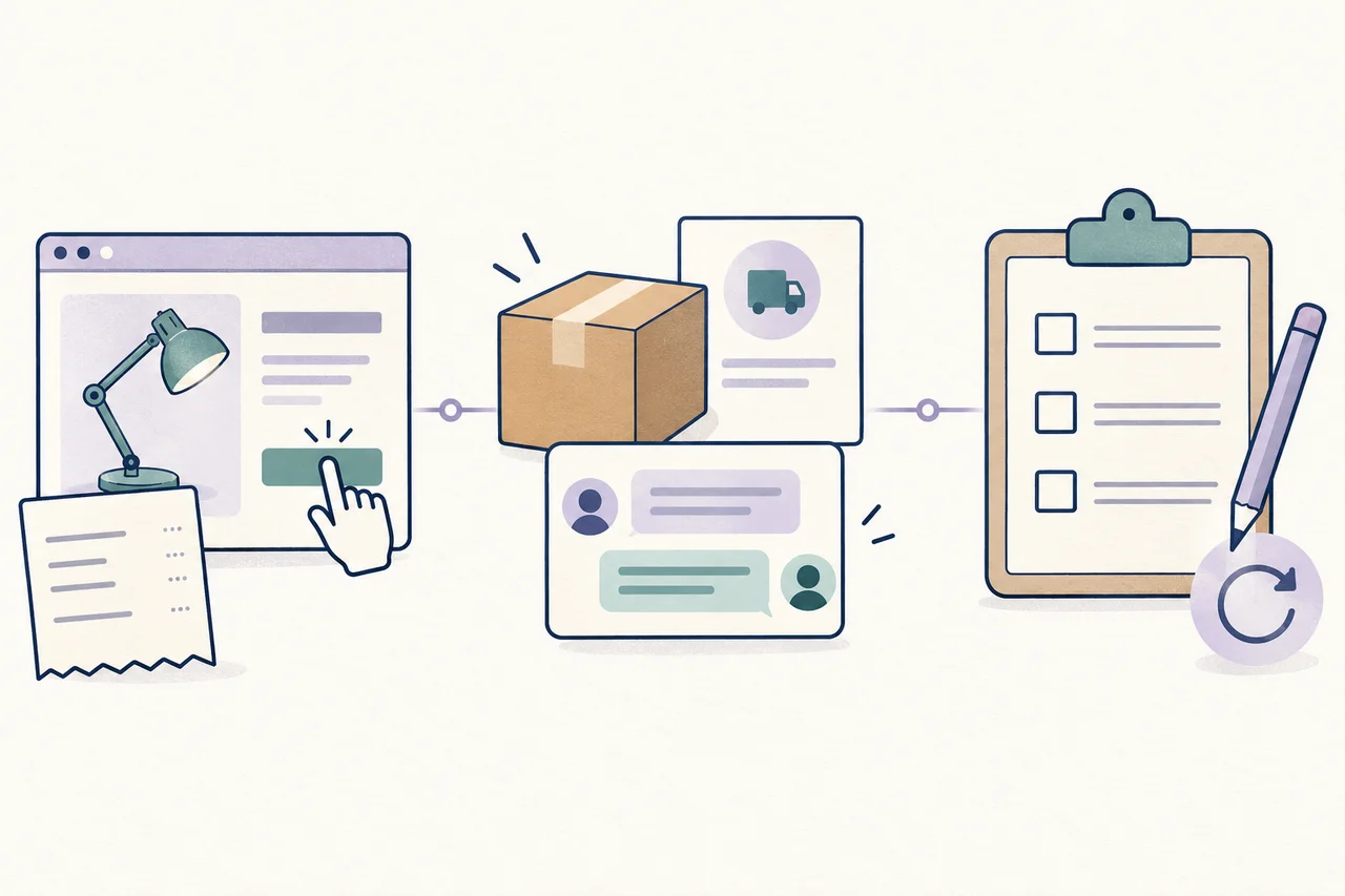 A desk-lamp product card leads to an order and delivery panel, then to a help conversation and a review sheet.