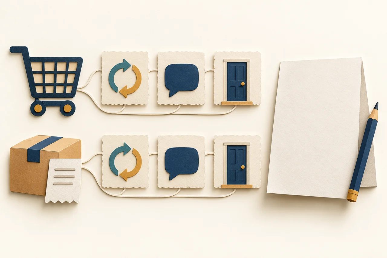 A navy shopping cart and a parcel with a receipt form two rows. Each connects to cards showing circular arrows, a speech bubble and a closed door. A blank sheet and pencil sit beside them.