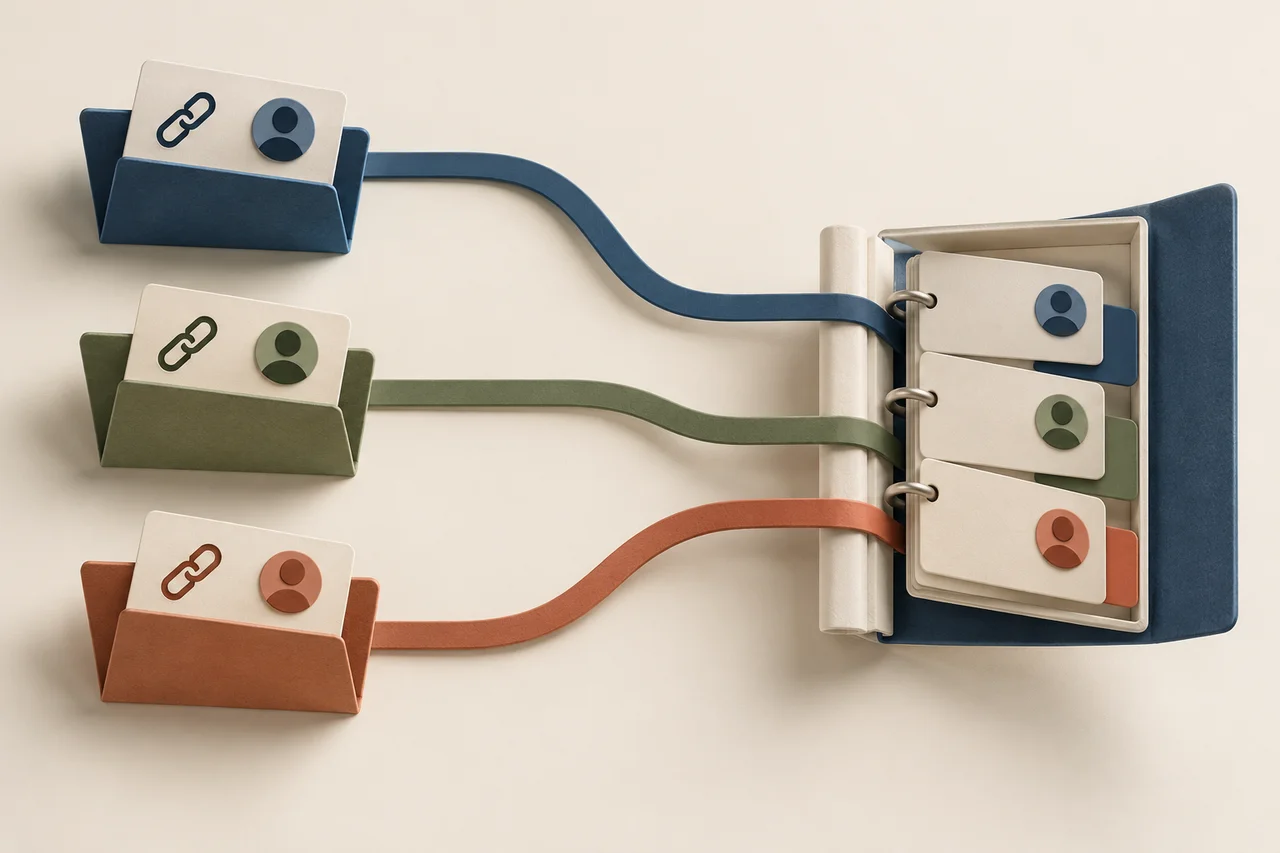 Three folders, each holding an account-link card, connect to three separate tabs in one open binder.