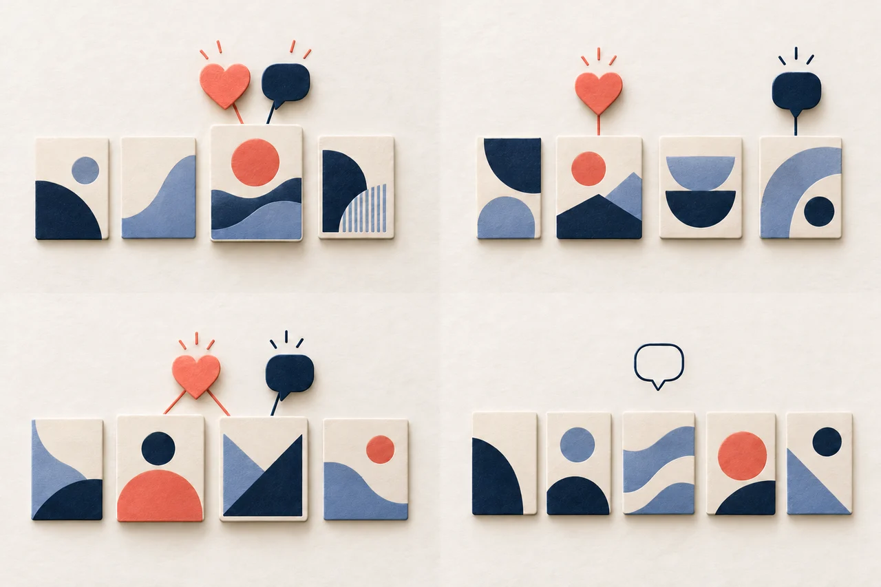 Quatre groupes de publications illustrées montrent un cœur et un commentaire au-dessus d’une même carte, des symboles au-dessus de cartes différentes, un cœur pointant vers deux cartes à égalité et un contour de commentaire au-dessus de cartes non marquées.