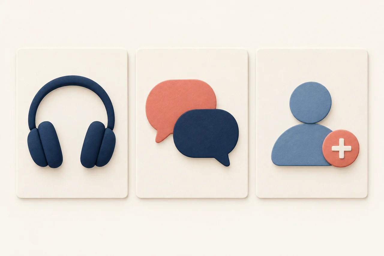 Three separate, equally sized panels show headphones and audio, speech bubbles, and a profile with a plus symbol.