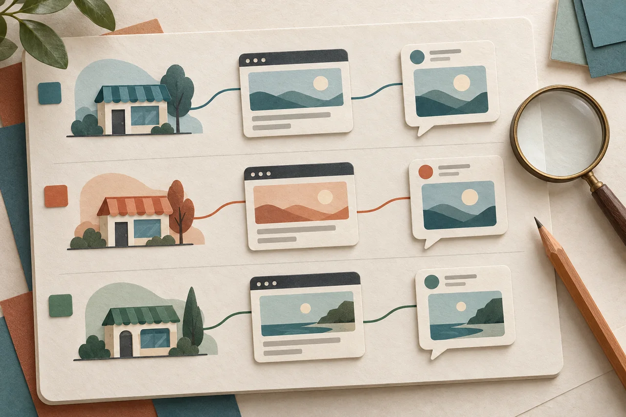 May tatlong row ang papel na campaign sheet. Bawat isa ay nag-uugnay ng larawan ng tindahan, website card at social card. Nasa tabi ang lapis at magnifying glass.