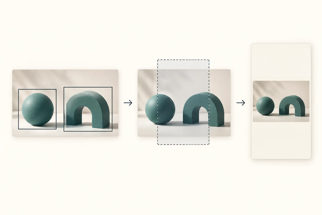 A conceptual sequence marks a sphere & an arch form, shows a narrow crop cutting both, then keeps both with neutral padding on a portrait canvas.