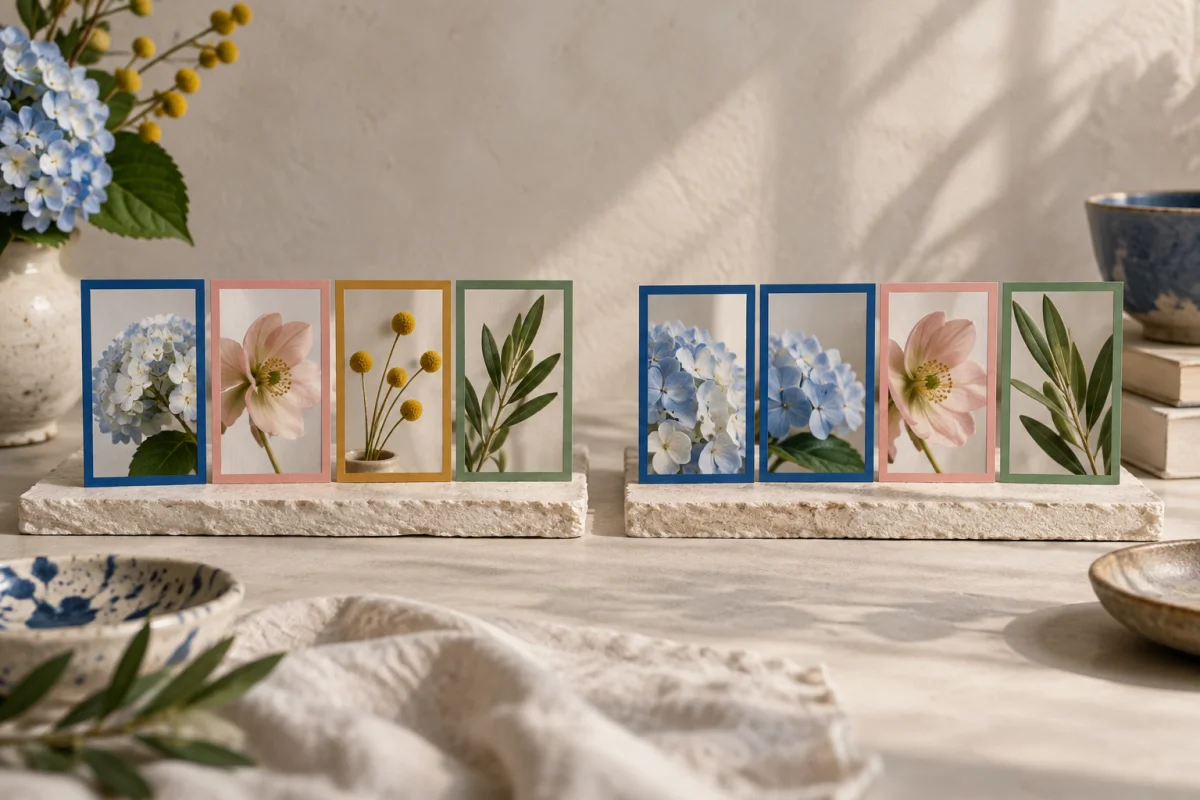 Two groups of four botanical photo cards: four different colors on the left and a repeated blue card on the right.