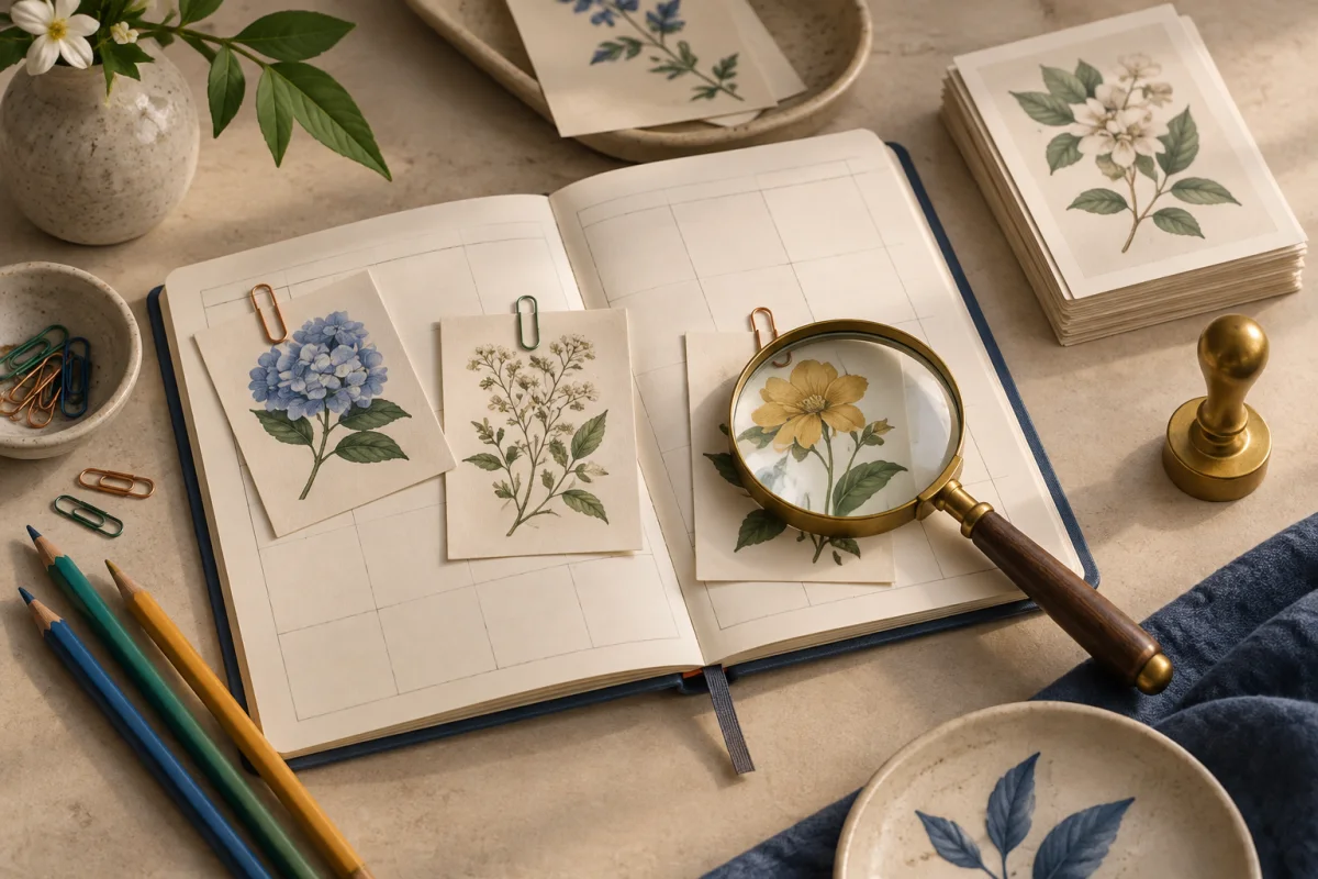 Botanical cards clipped to a calendar, with a magnifying glass and brass stamp.