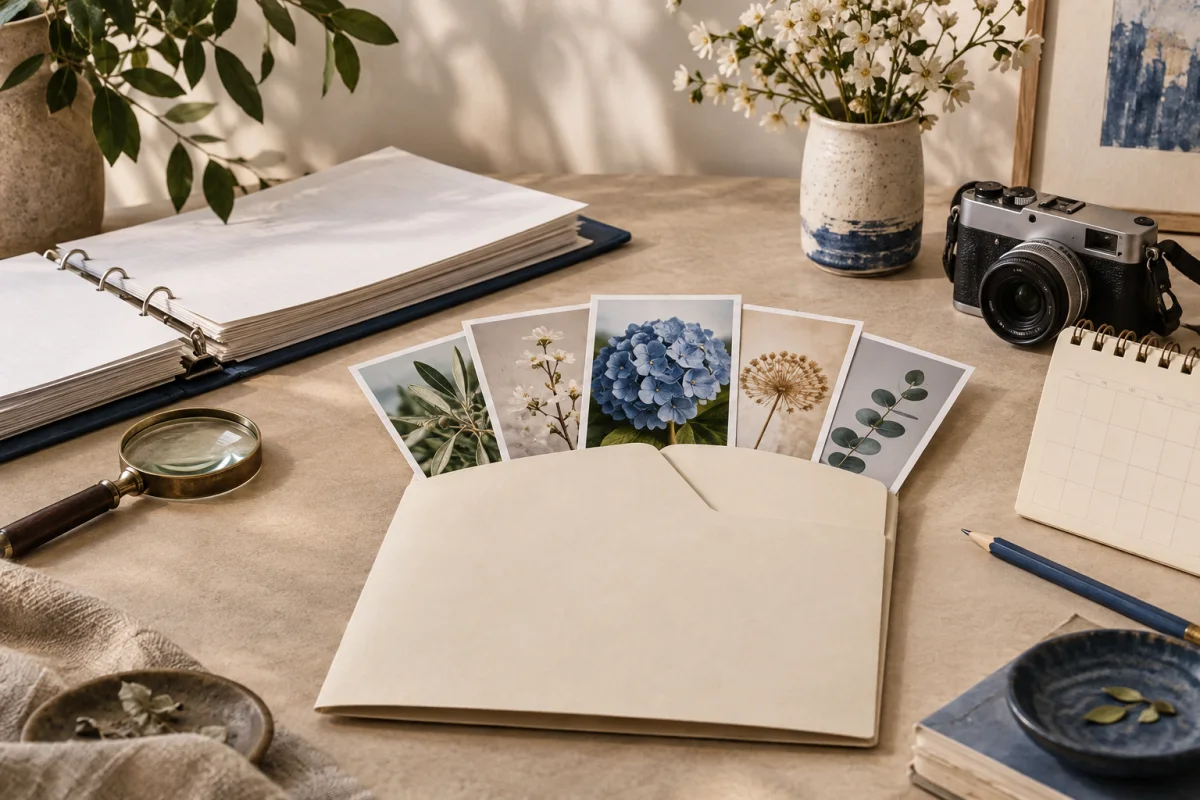 A folder and five botanical photos beside an open binder, camera and calendar.