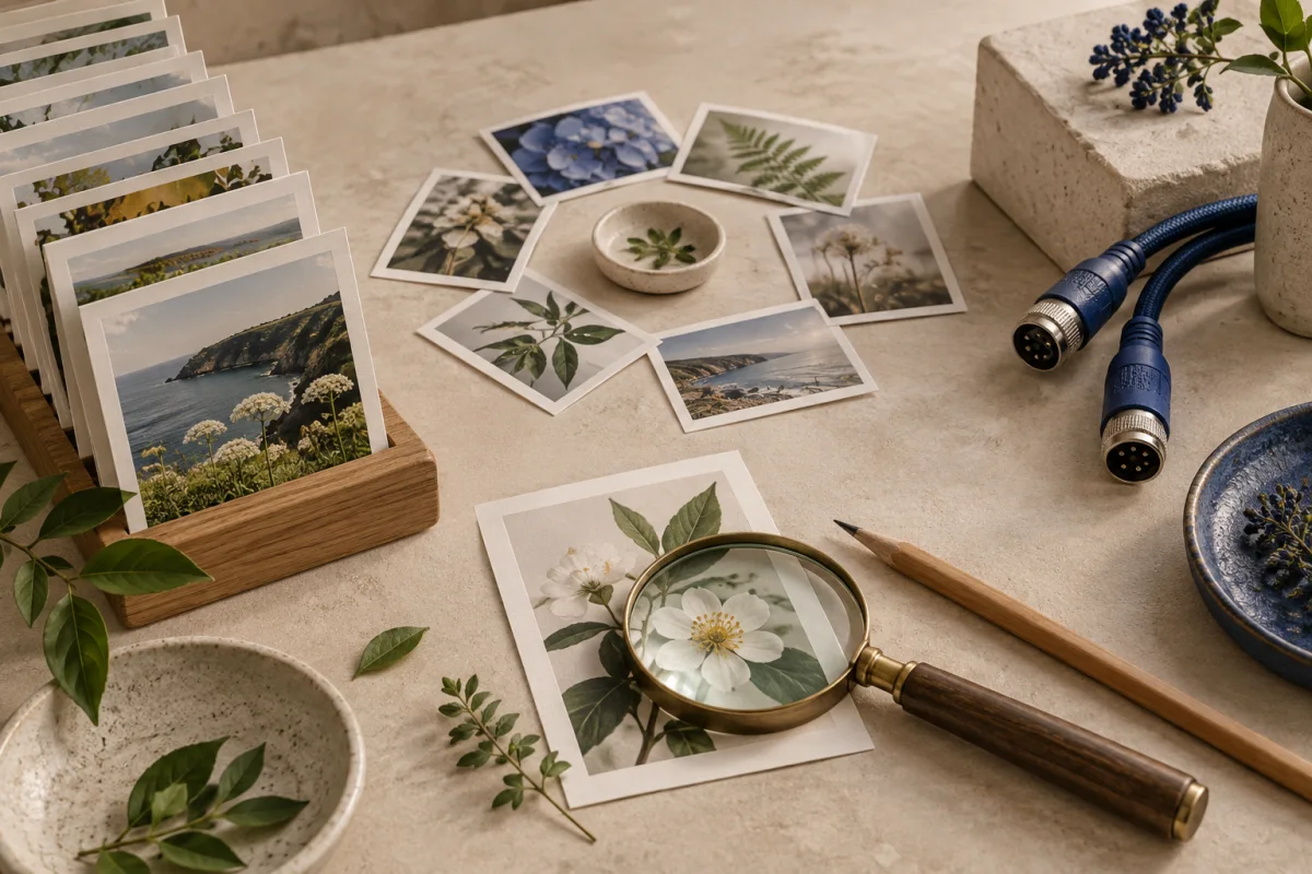 Photo cards arranged in a row and a circle beside a magnifying glass and two blue cable plugs.