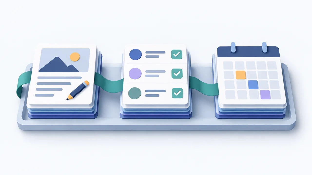 Stacks of draft cards, a review checklist and a calendar form a connected workflow.