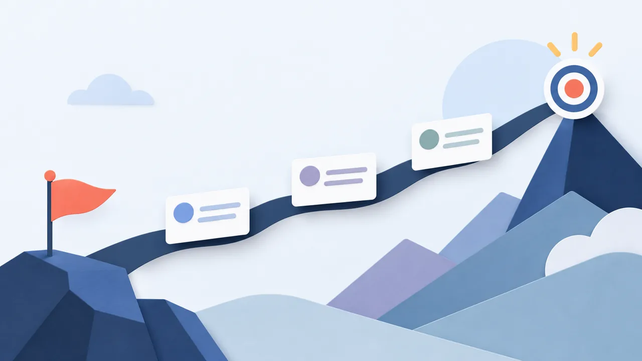 Draft post cards follow a path from a starting flag to a goal.