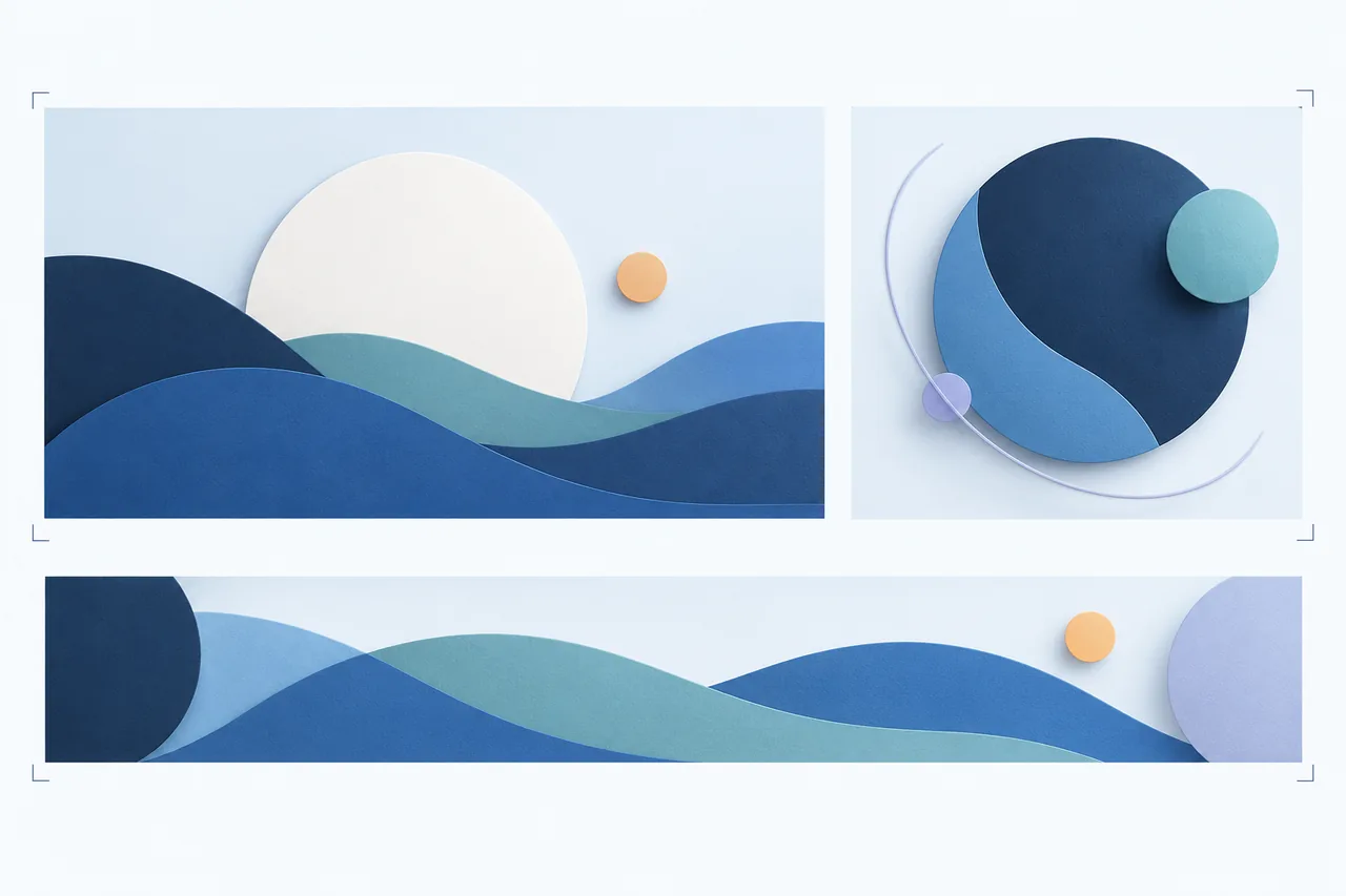 Landscape, square and wide banner frames illustrate different image crops.