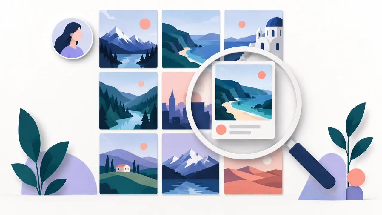 A search lens brings one image in a content grid into focus.