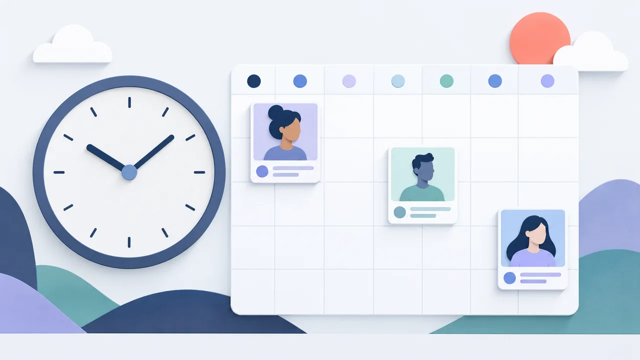 A clock sits beside a weekly calendar with three illustrated post cards.