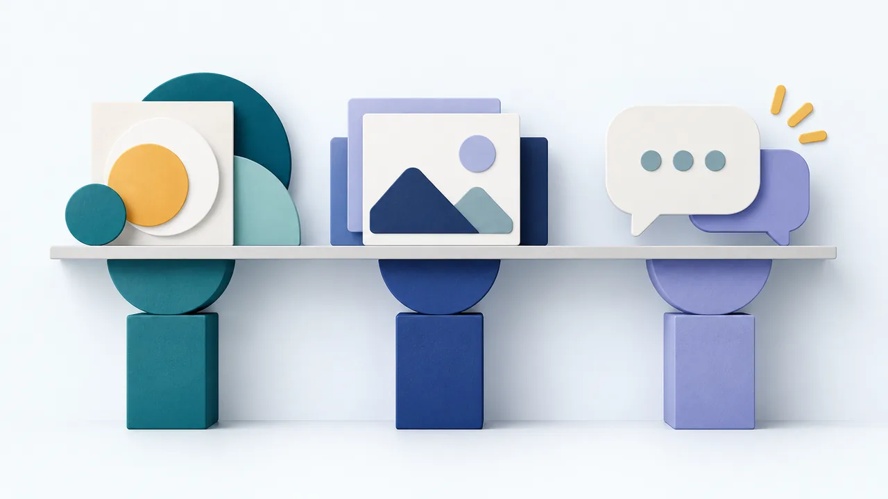 Three pillars support images, shapes and speech bubbles.