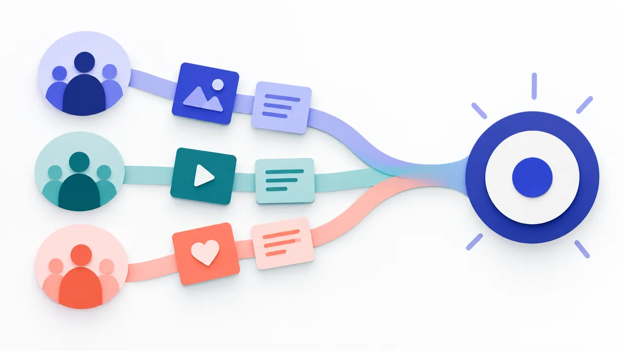 Audience groups and content cards converge on a shared target.