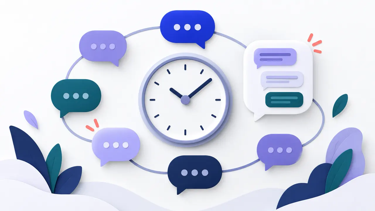 Conversation bubbles and a clock suggest timing for discussion.