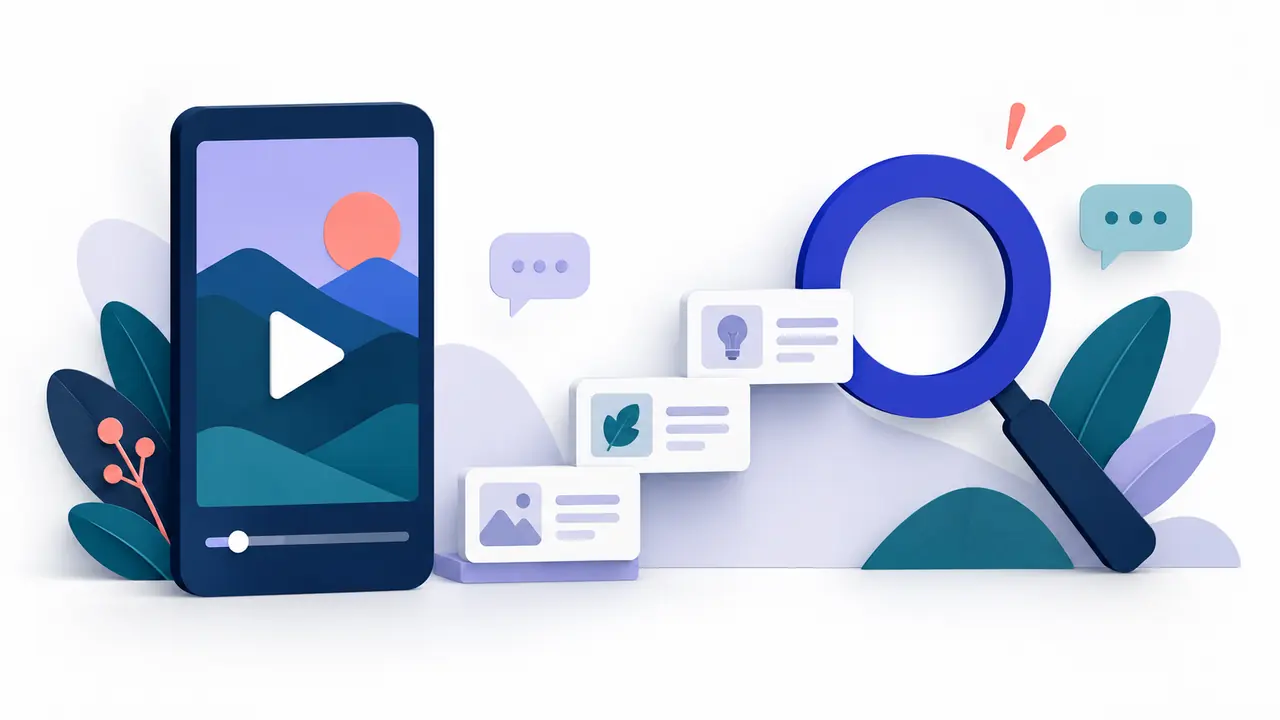 A vertical video card and search lens represent video discovery.