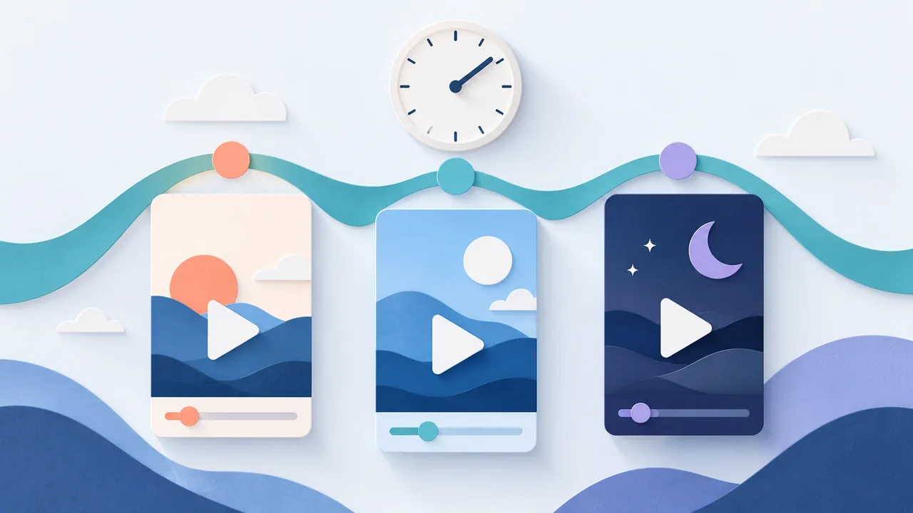 Three vertical video cards show daytime and nighttime scenes beneath a clock.