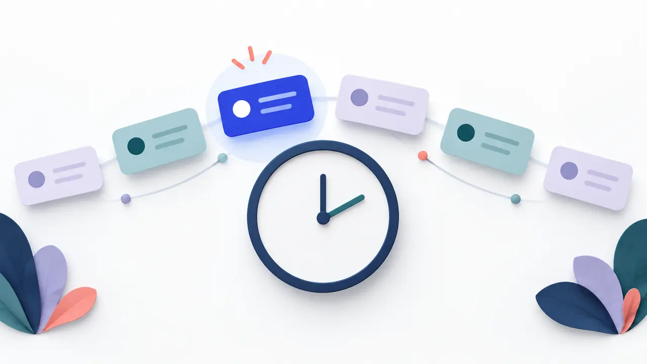 Tarjetas de mensajes breves siguen un ritmo de publicación alrededor de un reloj.