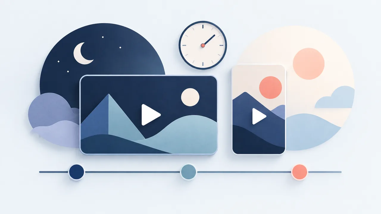 Horizontal and vertical video cards sit between day and night scenes beside a clock.