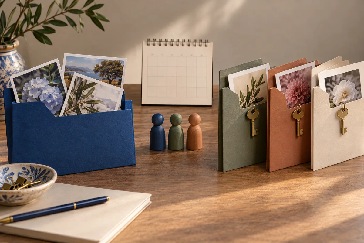 A shared photo folder, three figures and three separate folders with keys.