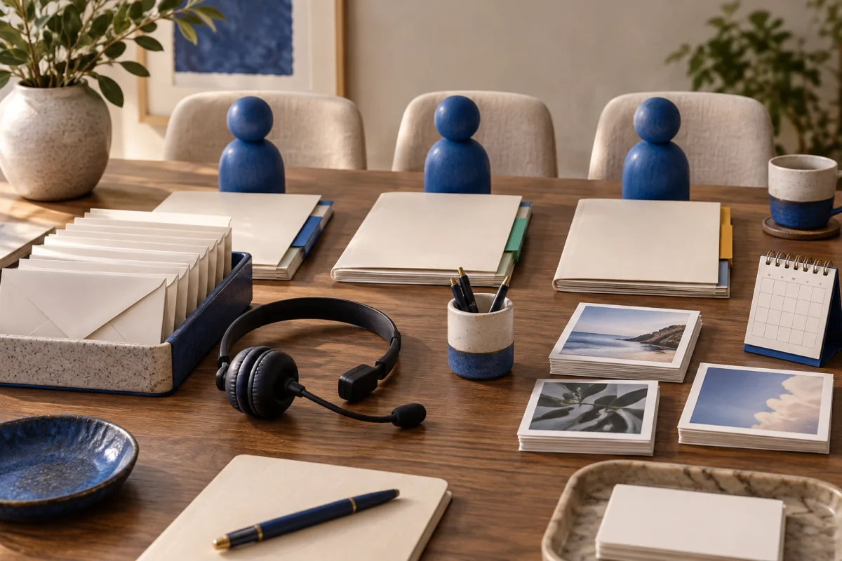 Three figures, folders, envelopes and a headset beside photos and a calendar.